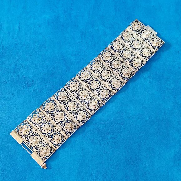 Vintage Wide Filigree Silver Bracelet Intricate Tile Design 1 3/4" W 7" L - Picture 6 of 9
